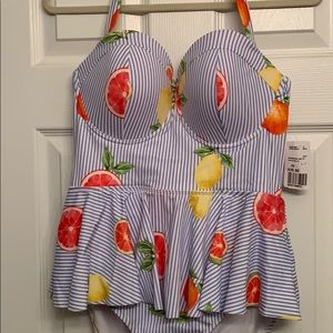 Blue/white striped peplum halter swimsuit